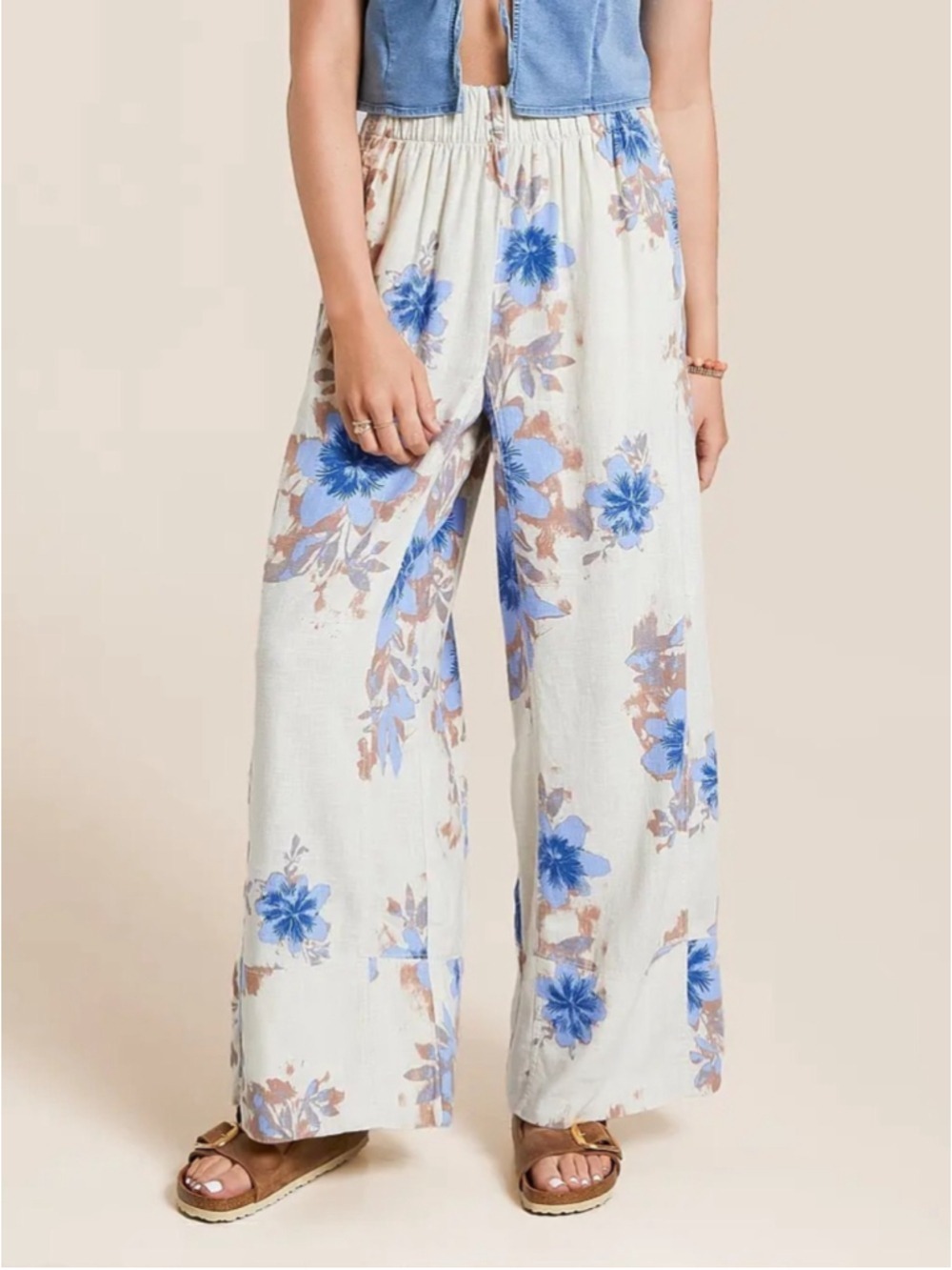 NWT FREE PEOPLE LINEN Days End Wide Leg Pant Ivory Combo Floral XS